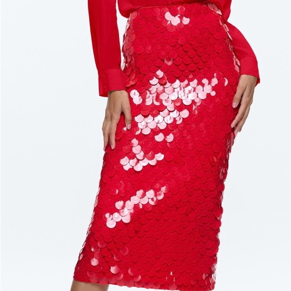 Alice And Olivia FIFI PAILLETTE MIDI SKIRT. Red Sequin Size 6. - Picture 2 of 11